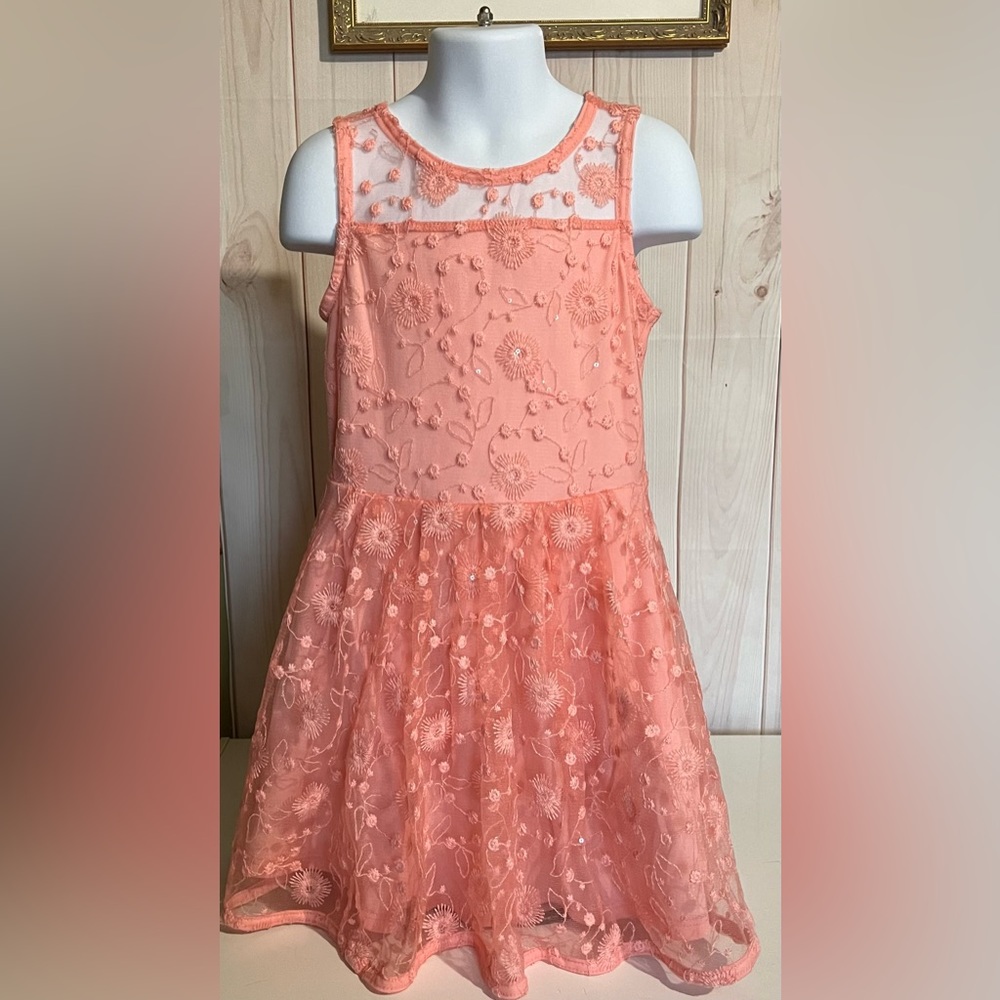 Size 6T Girls Orange Sleeveless Mesh Sequins Lacy Flowy Party Dress - Picture 16 of 16